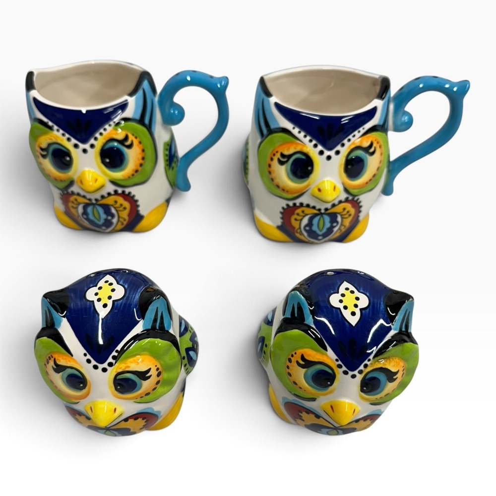 Espana Lifestyle Bocca Owl Mug and Salt Pepper Shaker Set 4pc Handcrafted Blue